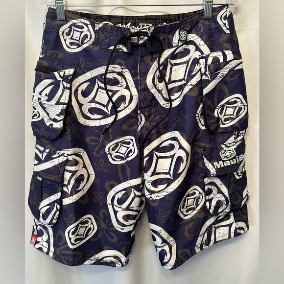 Maui Built Size 30x11 Board Shorts Blue White Print Swim Surf Trunks Aloha - Picture 1 of 11